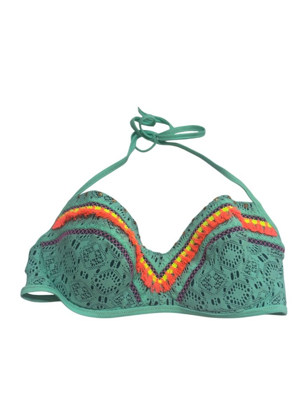 Sand & Shore Bikini Top Teal Multicolor Size 34D Crochet Push-Up Halter New